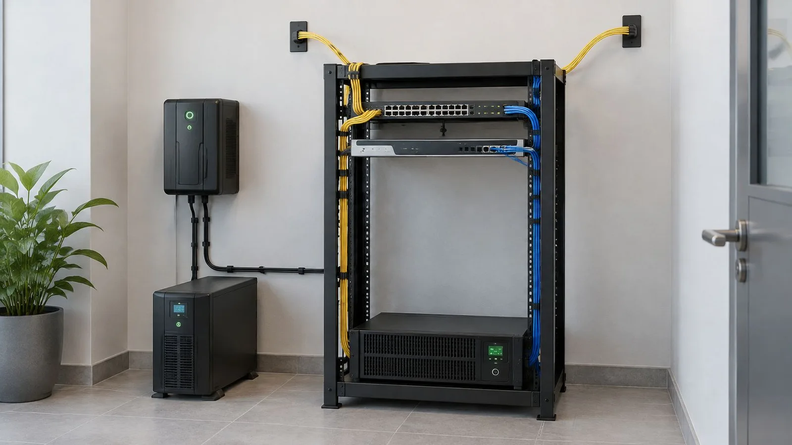Baie de brassage informatique avec un onduleur et des câbles réseaux organisés dans un bureau moderne.