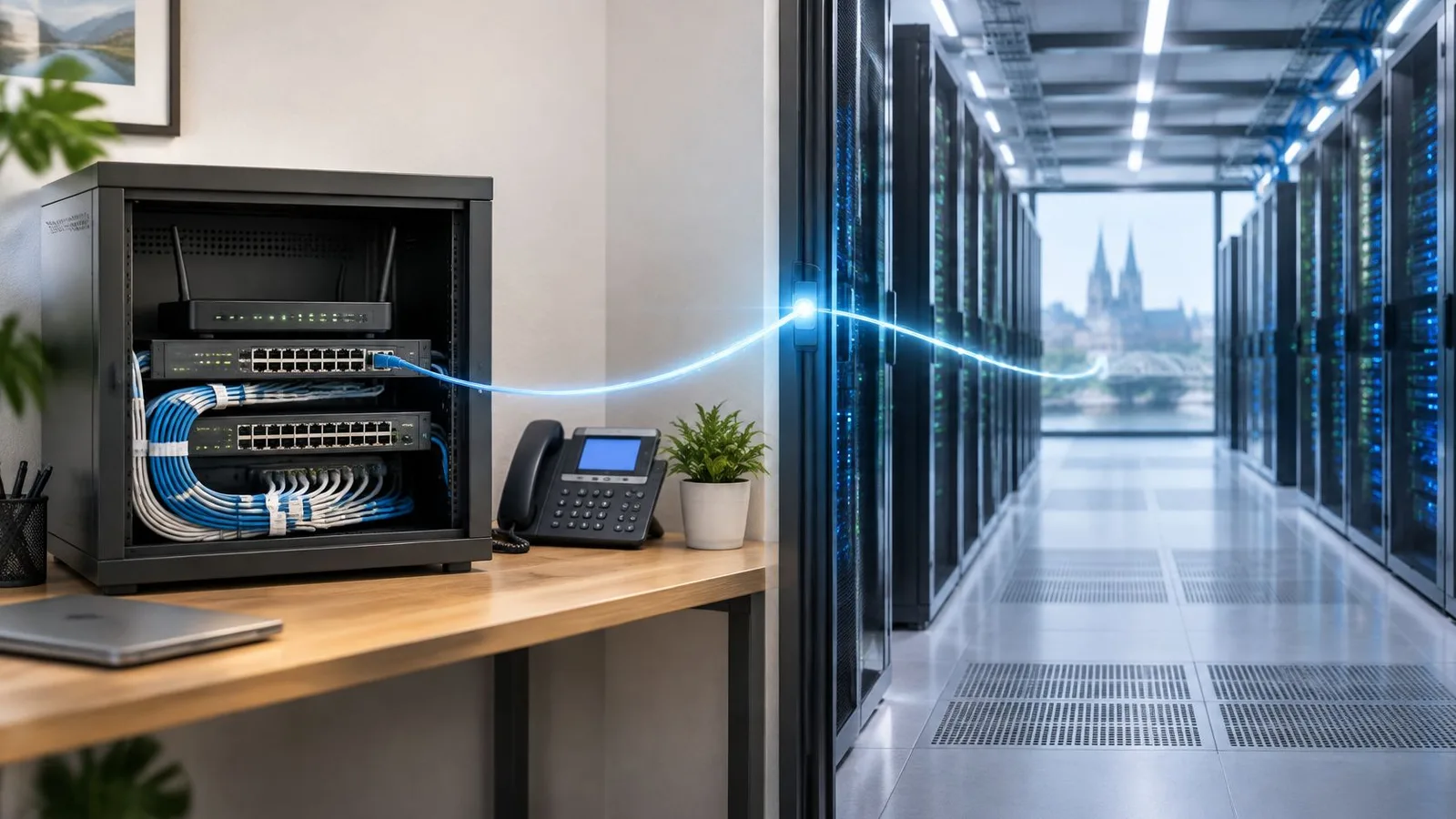 Une armoire réseau compacte connectée par un flux lumineux numérique à une salle de serveurs moderne.