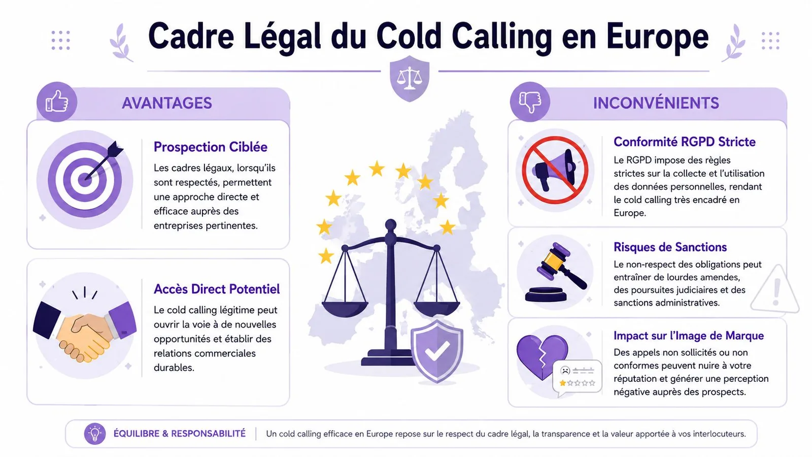 Infographie illustrant les avantages et les inconvénients du démarchage téléphonique en Europe sous le cadre légal européen.