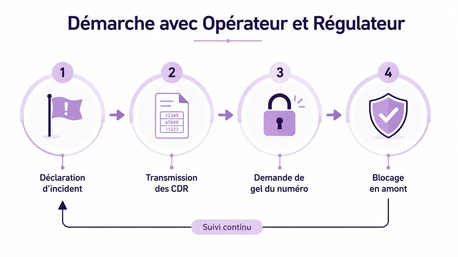Infographie illustrant les quatre étapes de la procédure de blocage du spoofing avec l'opérateur et le régulateur.