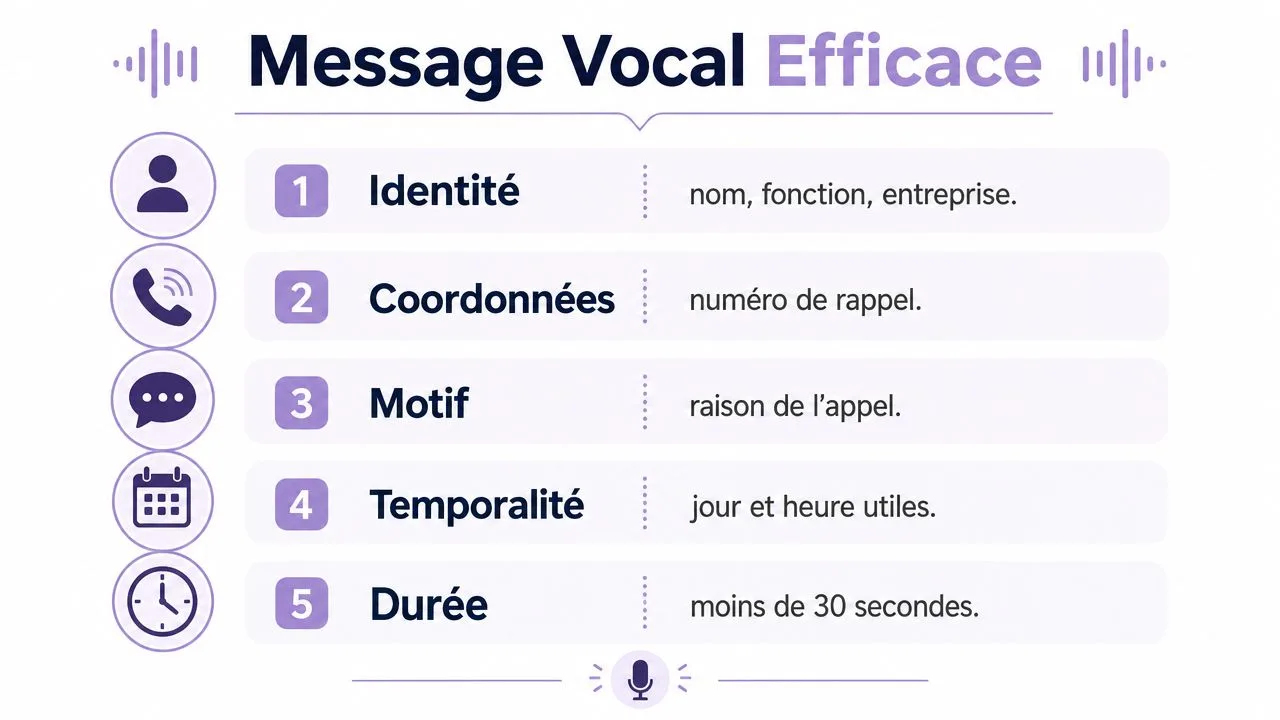 Infographie illustrant les cinq étapes essentielles pour laisser un message vocal professionnel et efficace au téléphone.