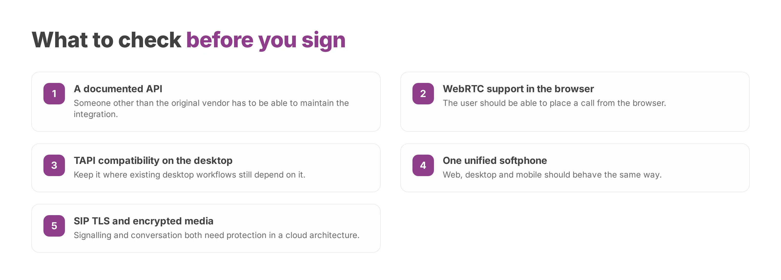 Numbered checklist of five integration points to confirm with a vendor before signing