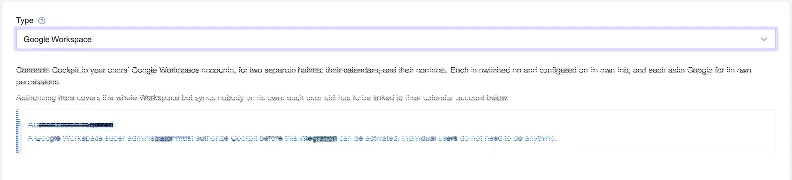 The Voxbi integration form with Google Workspace chosen as the type, and a note saying that a super administrator must authorize the connection before it can be activated.