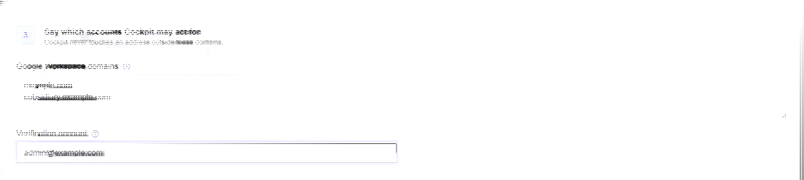 The two fields on the create form: Google Workspace domains, and a verification account.