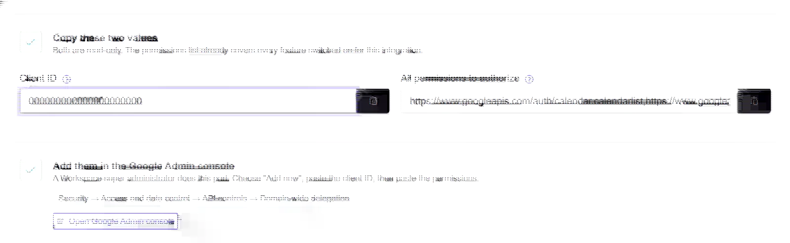 The Voxbi form showing a client identifier and a single comma-separated permission list, each with a copy button.