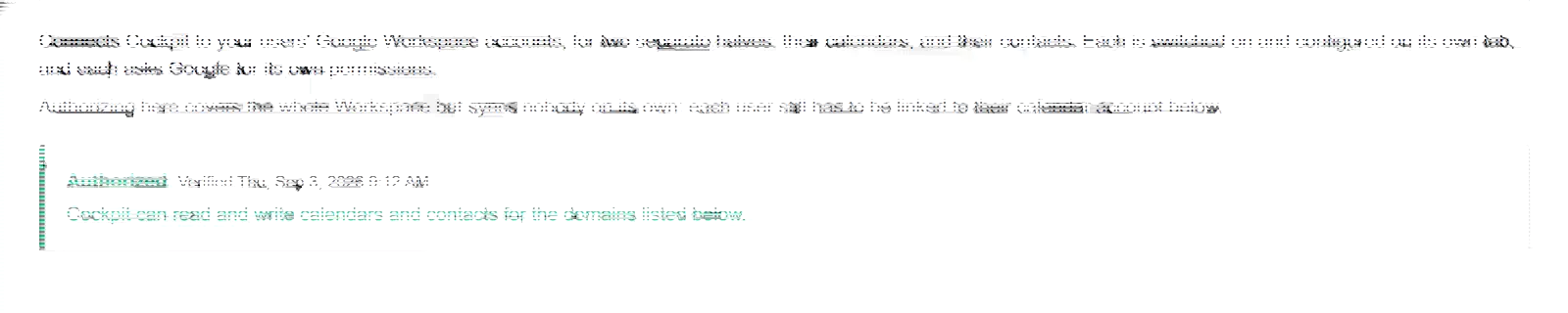 A successful authorization check, reporting the calendar and contact halves separately.