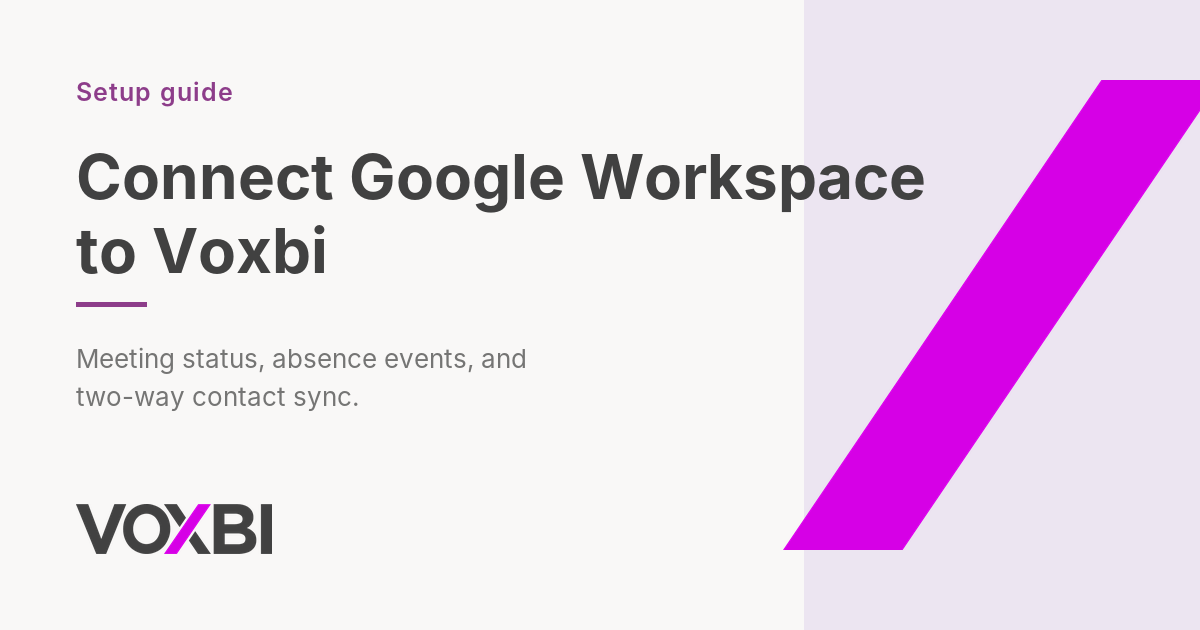 Cover card: connect Google Workspace to Voxbi, a Voxbi setup guide.