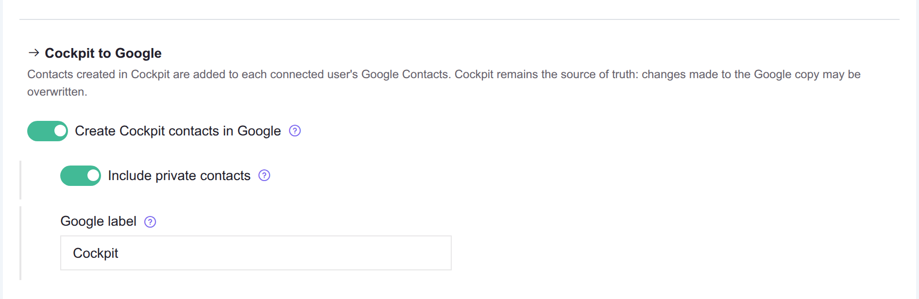Die Schreibrichtung, mit der Option für private Kontakte und dem Google-Label.