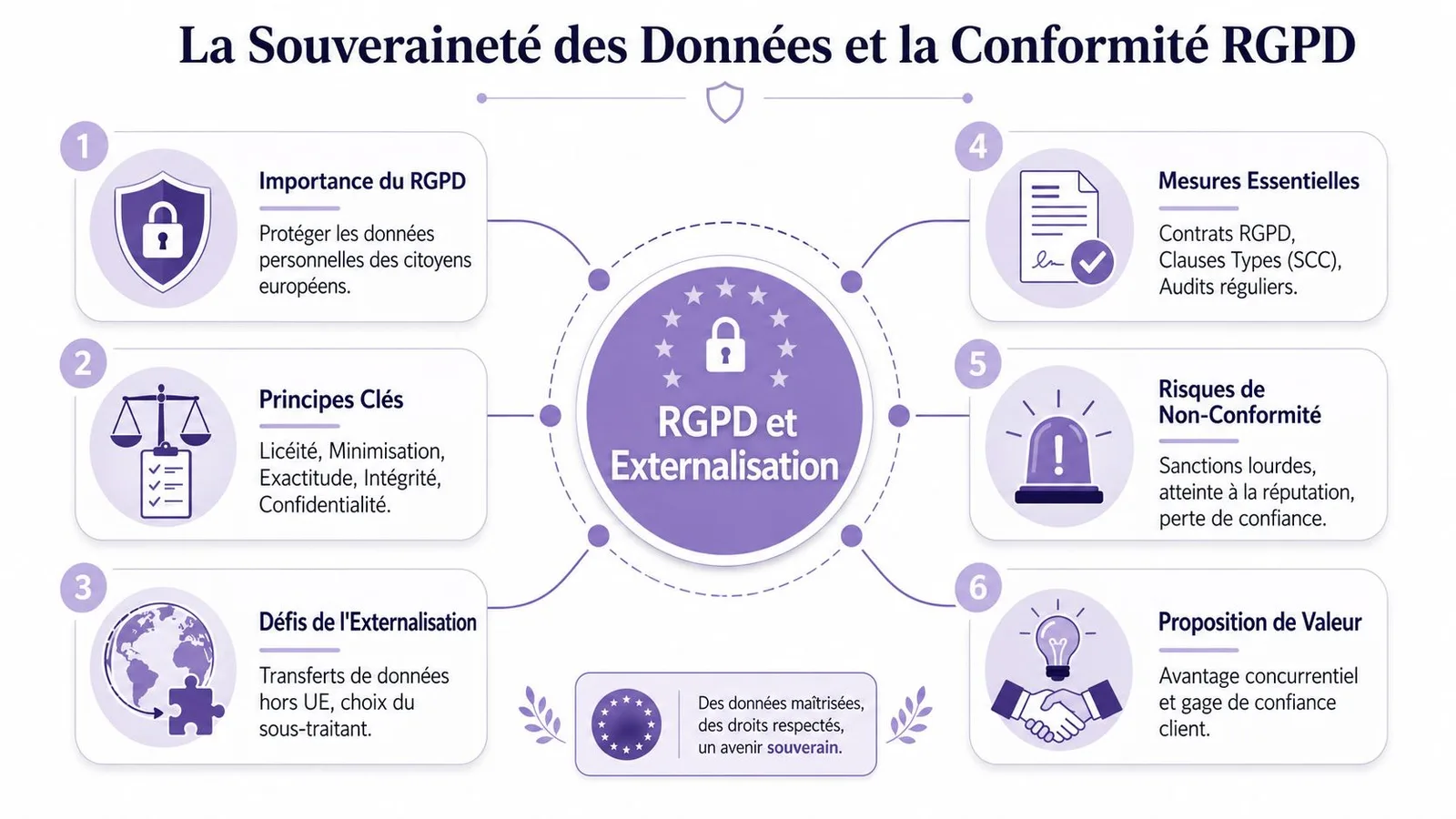 Infographie illustrant la souveraineté des données, l'externalisation et les principes fondamentaux de la conformité au règlement RGPD.
