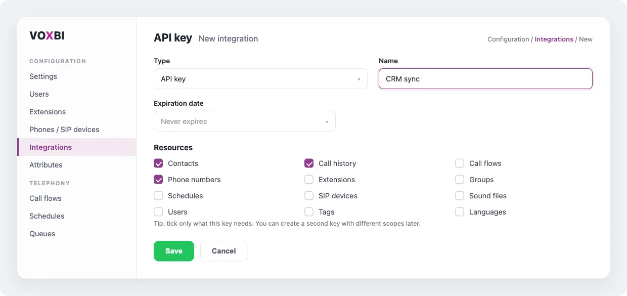 The API key settings in the Voxbi Cockpit, showing the resource scopes you can grant, such as contacts, call flows, phone numbers, and call history.