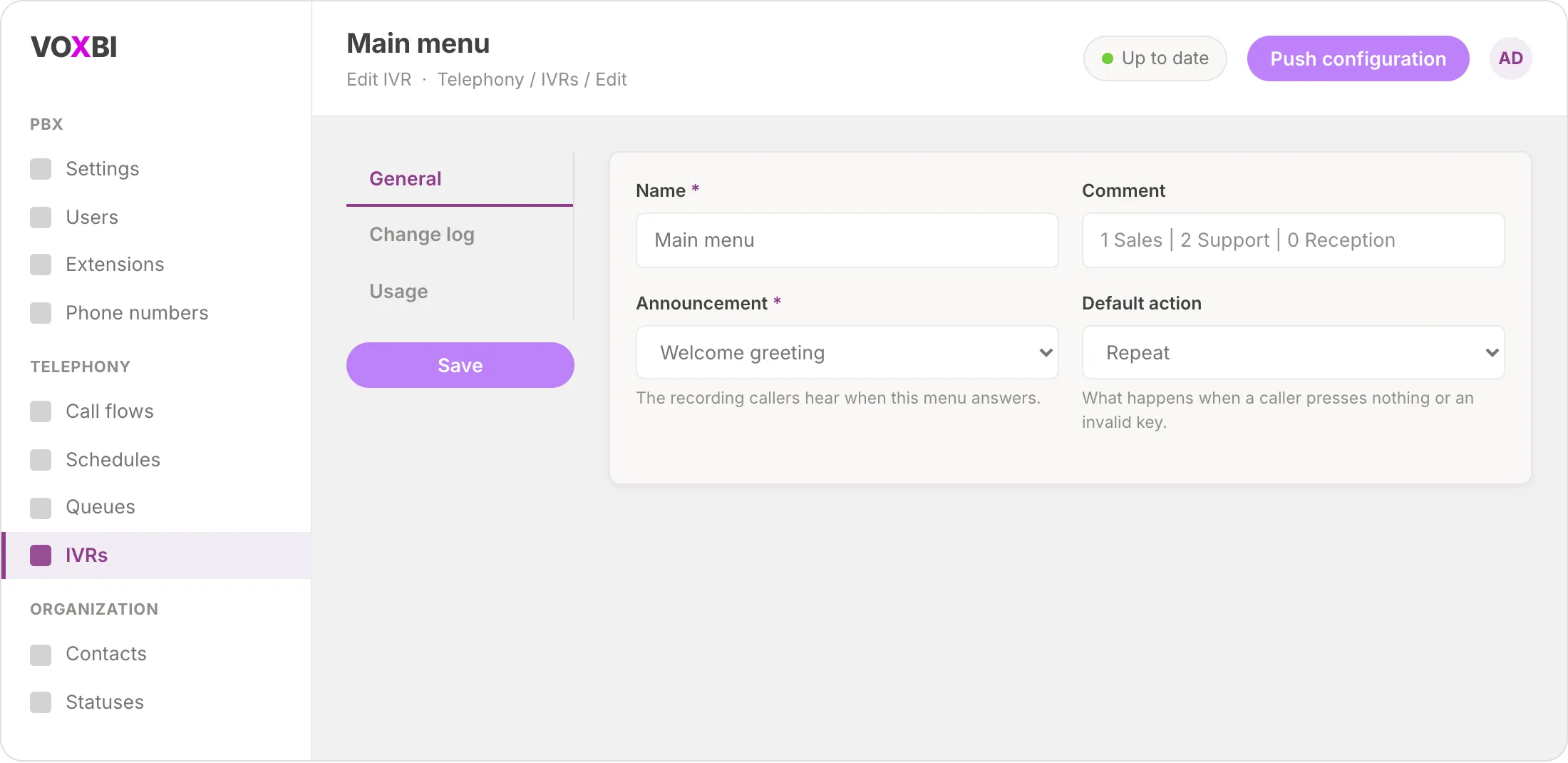 The IVR general settings tab in Voxbi with fields for name, comment, announcement, and default action