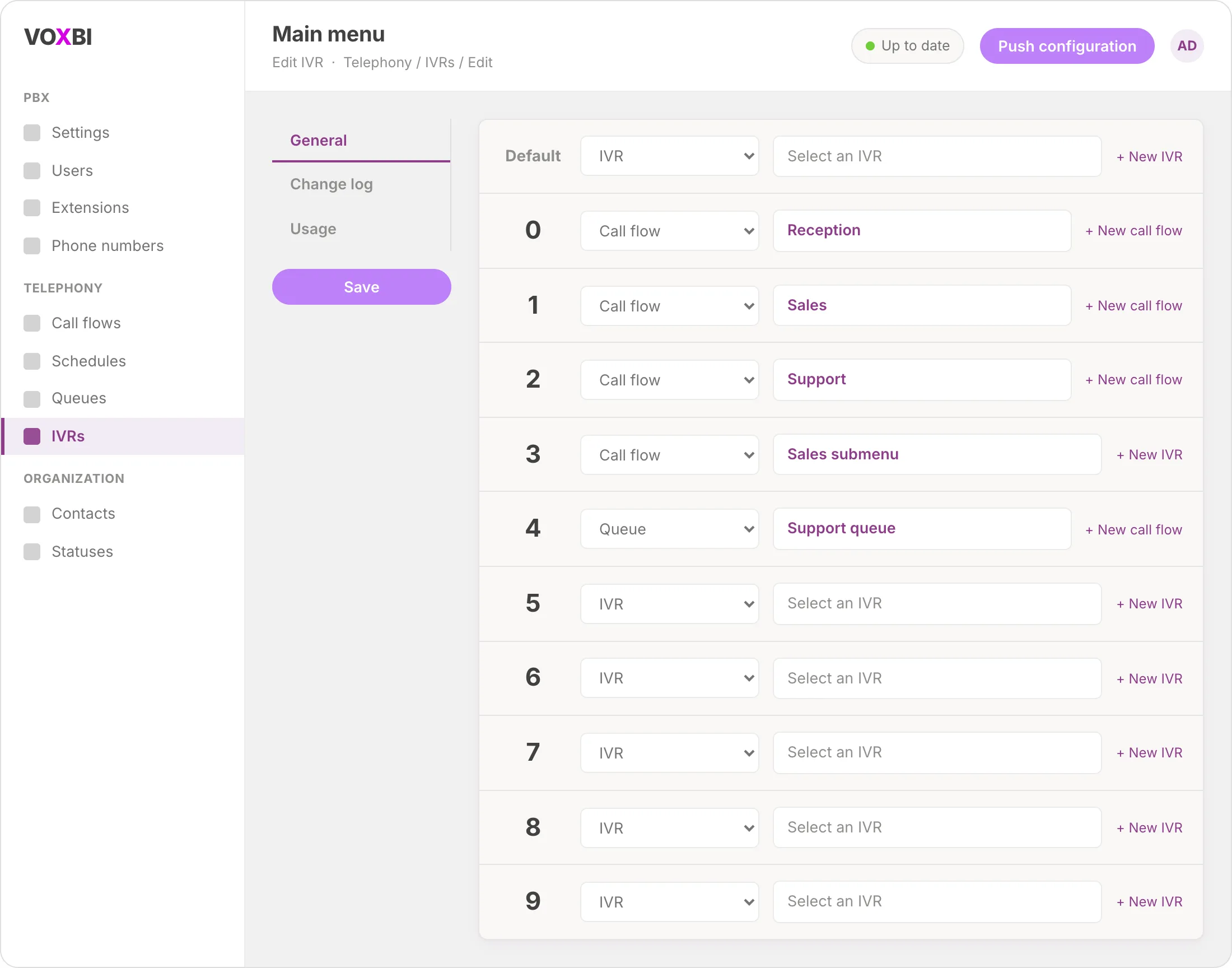 The IVR key mapping screen in Voxbi with digits 0 to 9 each assigned to a call flow or submenu IVR
