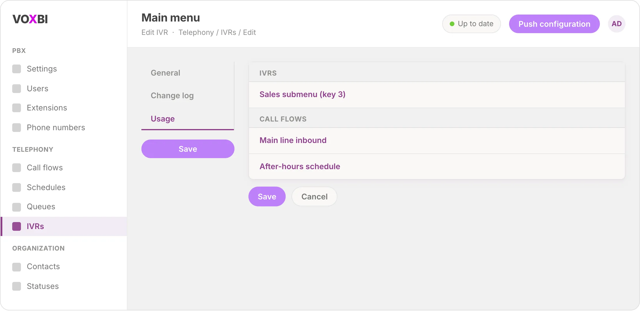 The IVR Usage tab in Voxbi showing which call flows and IVRs reference the menu