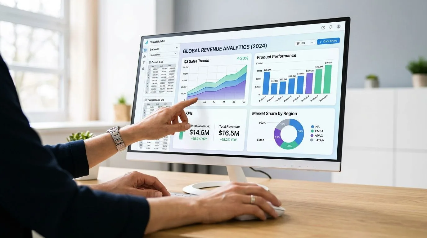 Une personne utilisant un tableau de bord analytique sur écran pour surveiller les performances commerciales de l'entreprise.