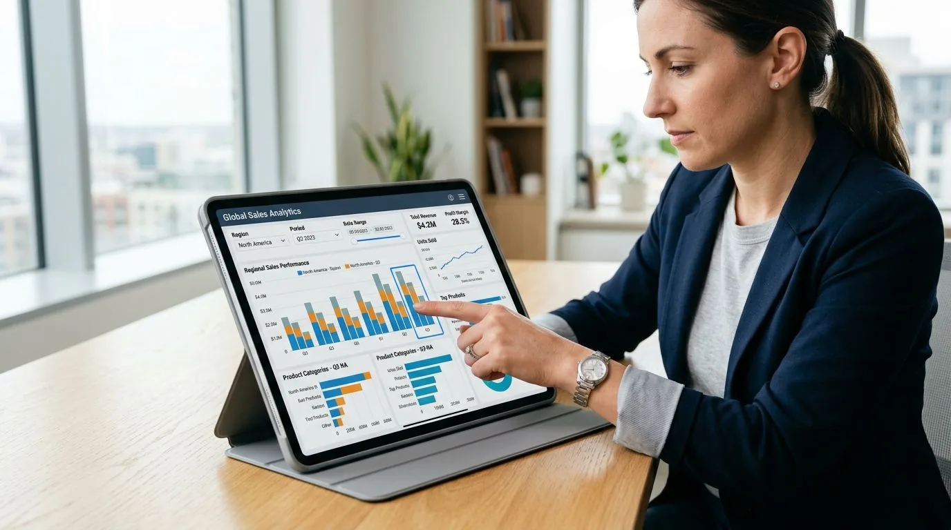 Une professionnelle examinant un tableau de bord analytique des ventes globales sur une tablette dans un bureau.