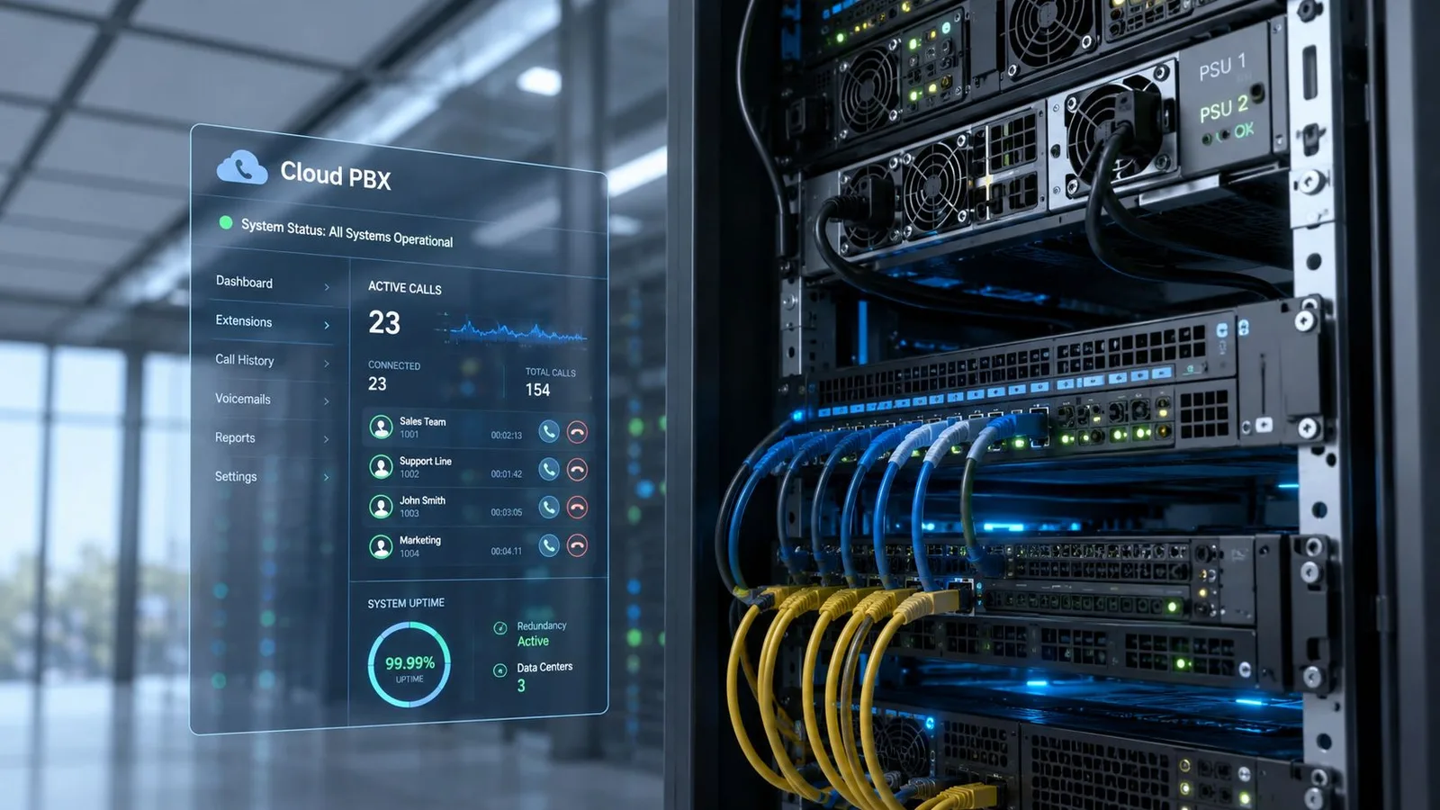 Panneau de contrôle numérique Cloud PBX affichant des statistiques en temps réel devant un serveur informatique