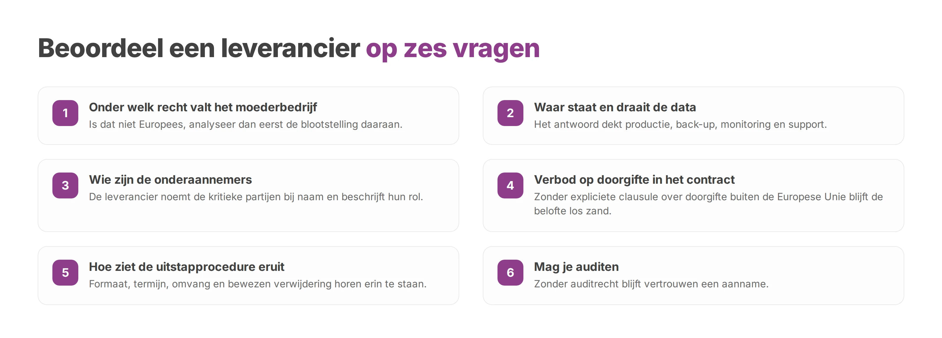 Genummerde checklist met zes vragen voor de keuze van een leverancier.