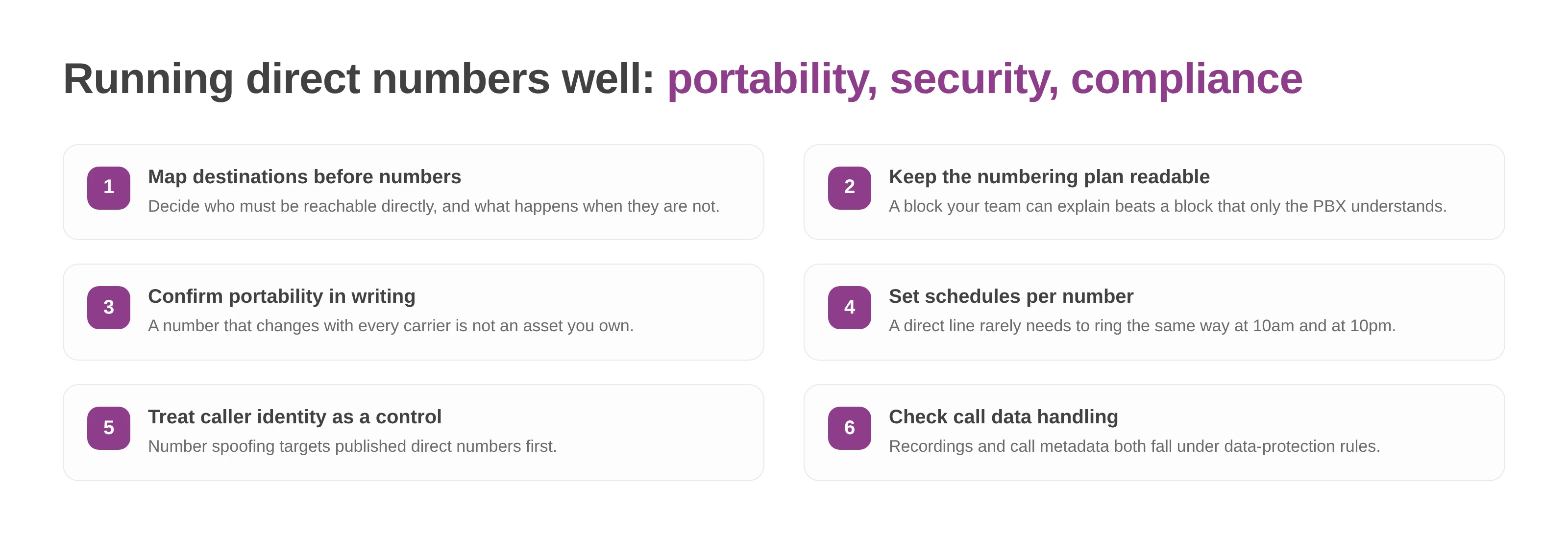 Six practices for running DDI numbers: mapping destinations, readable numbering, portability, schedules, caller identity and call data handling