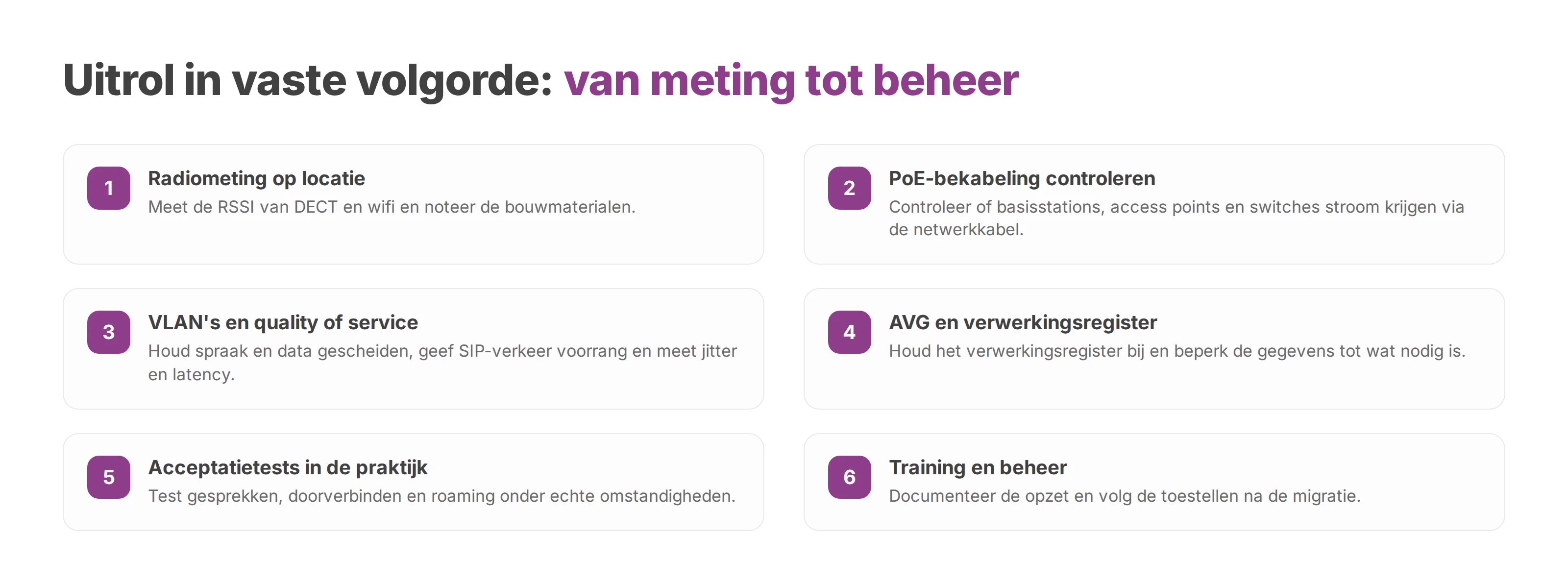 Genummerde checklist voor de uitrol van draadloze voip-toestellen, van radiometing tot beheer
