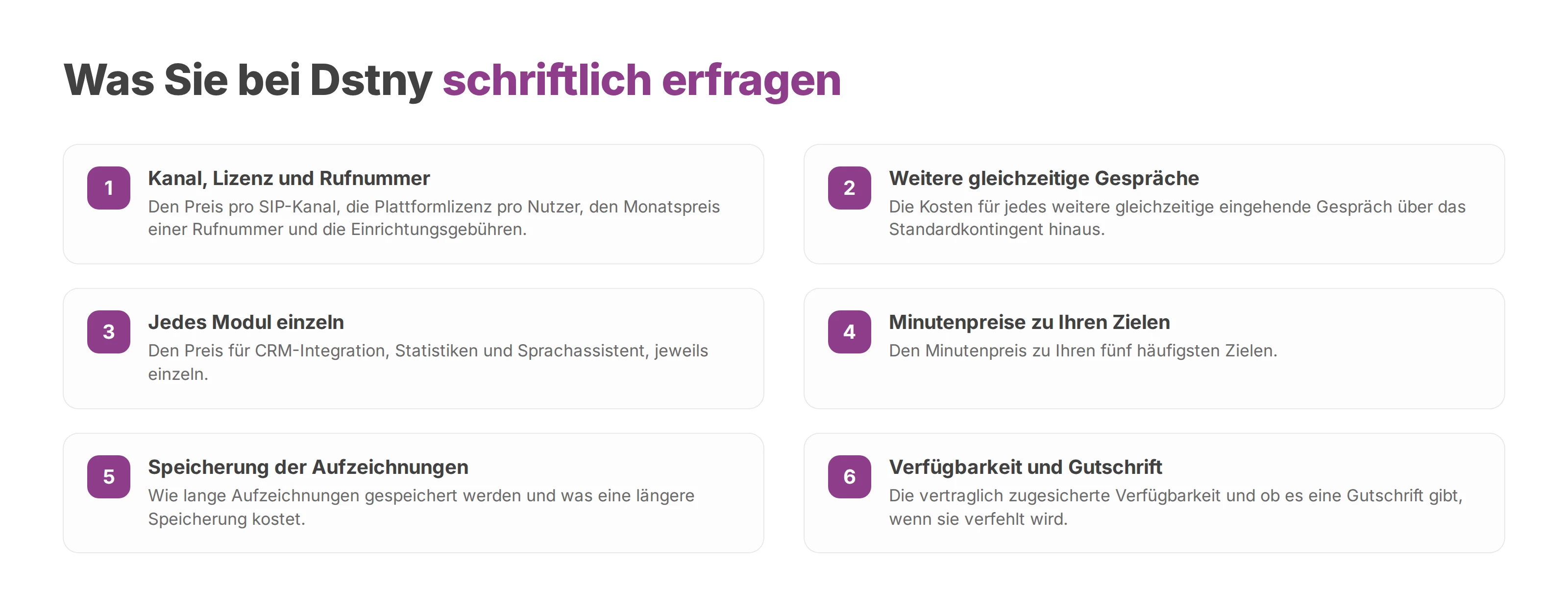 Liste der Zahlen, die Sie sich vor dem Vergleich schriftlich von Dstny geben lassen sollten