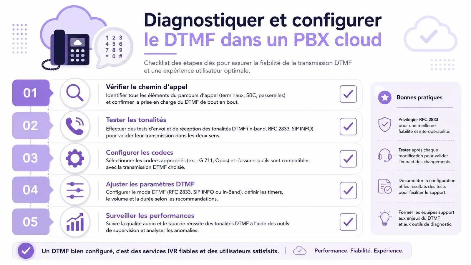 Infographie détaillant les cinq étapes clés pour diagnostiquer et configurer efficacement le DTMF dans un PBX cloud.