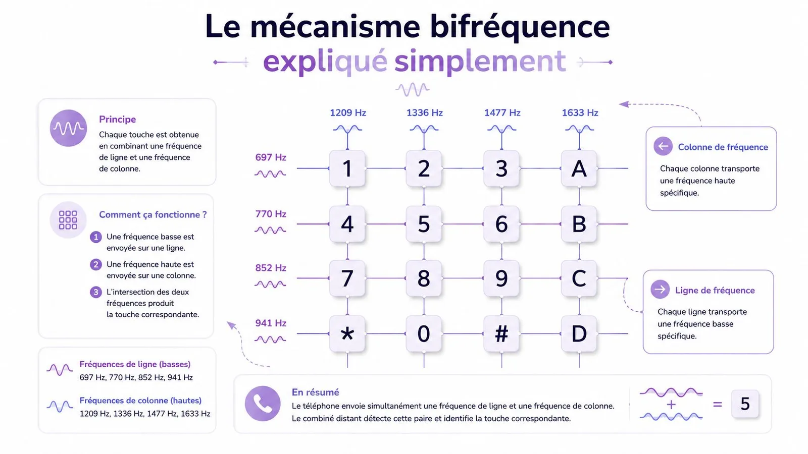 Schéma explicatif du mécanisme de signalisation DTMF utilisant des fréquences de ligne et de colonne sur un clavier.
