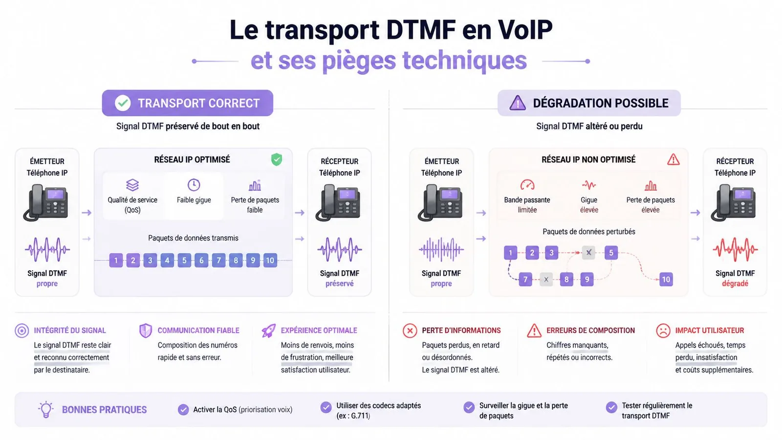 Schéma illustrant le transport du signal DTMF en VoIP, comparant un réseau optimisé et un réseau dégradé.