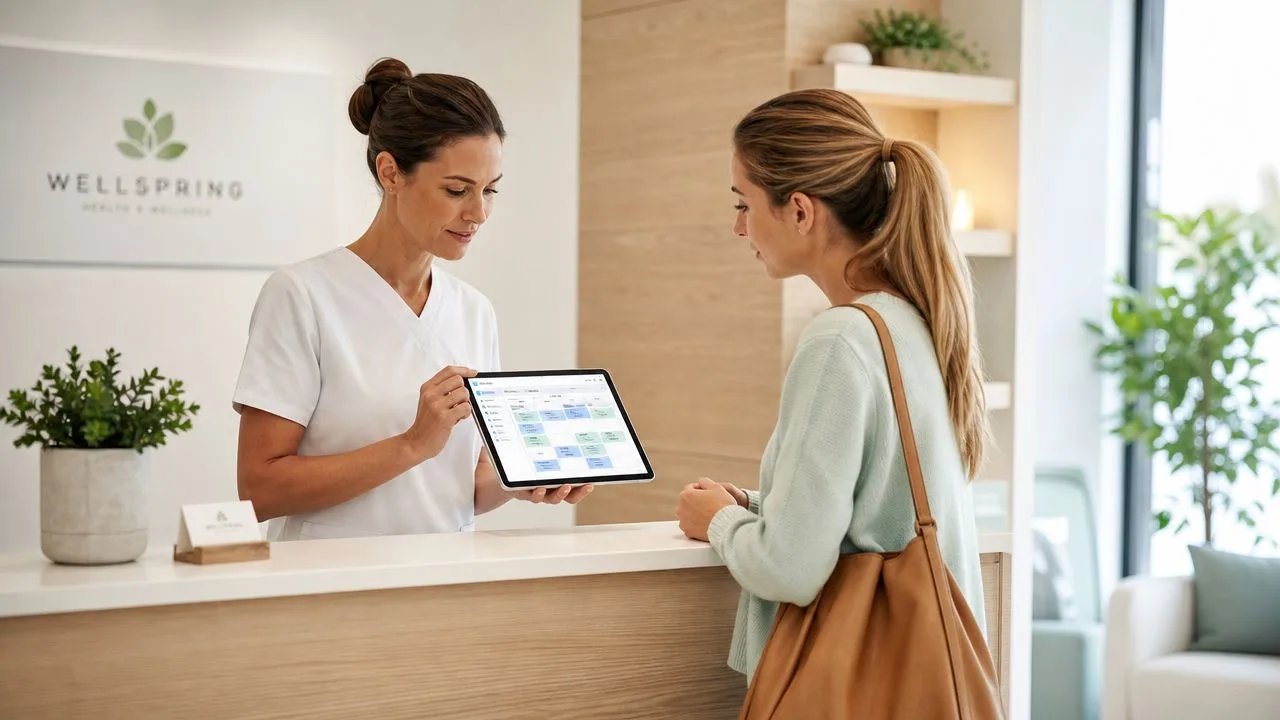 Une réceptionniste montre une tablette numérique à une patiente dans un centre de santé et bien-être.