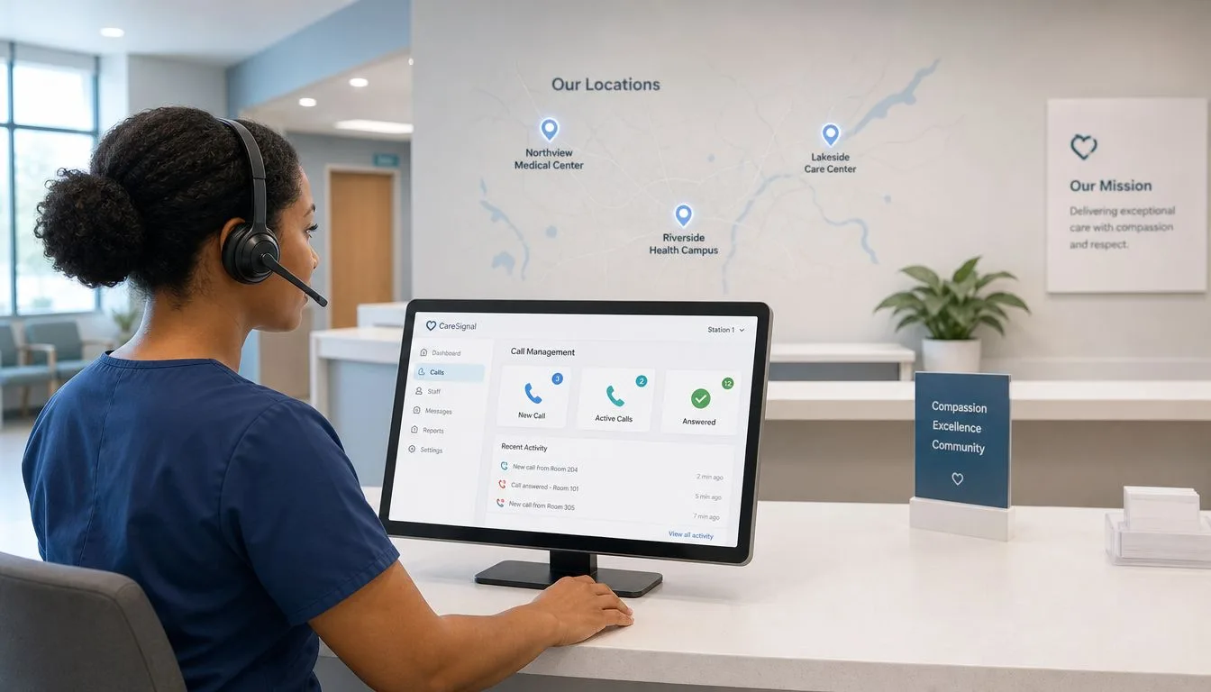 Une infirmière avec un casque audio consulte un écran d'ordinateur de gestion des appels dans un hôpital.