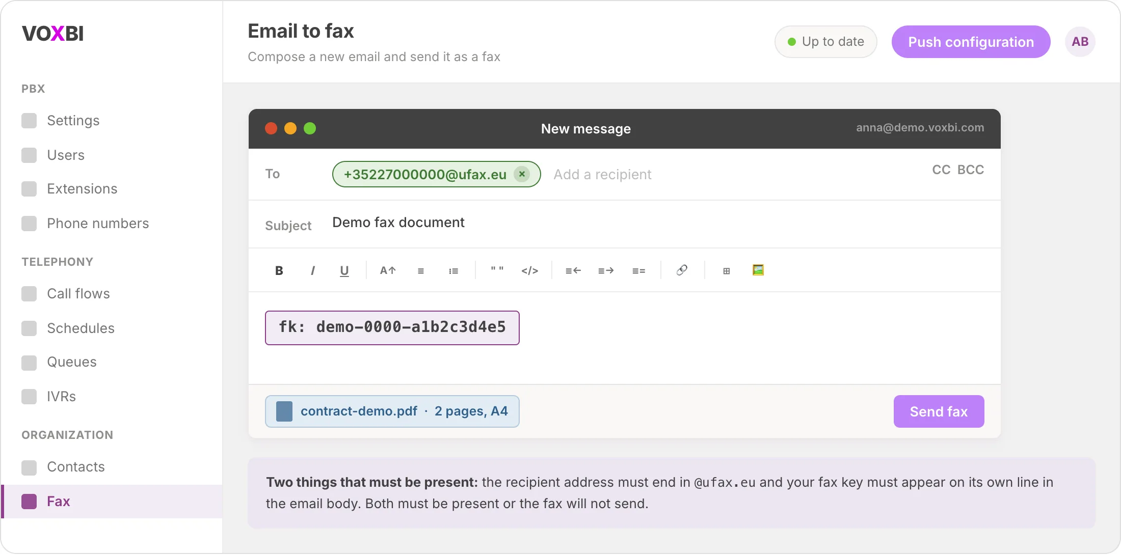 E-mailvenster met een faxontvanger op ufax.eu in het Aan-veld en de faxsleutel ingevoerd in de berichttekst