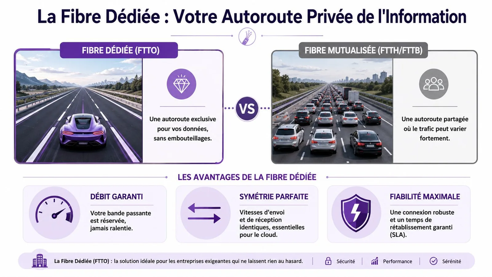 Comparaison entre la fibre dédiée FTTO et la fibre mutualisée montrant les avantages de la connectivité professionnelle.