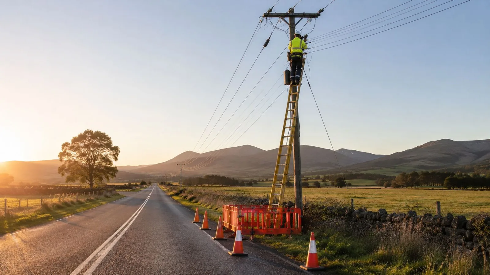 Un technicien répare une ligne téléphonique sur un poteau en bois au bord d'une route rurale.