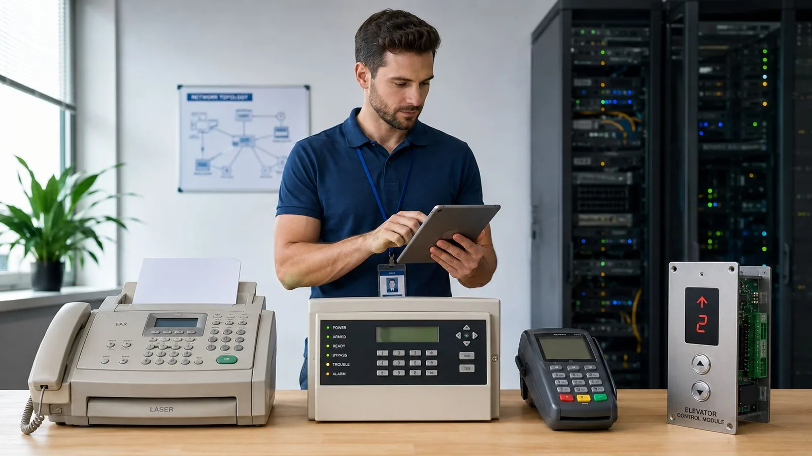 Un technicien informatique examine des équipements réseau et des systèmes de contrôle dans un centre de données.