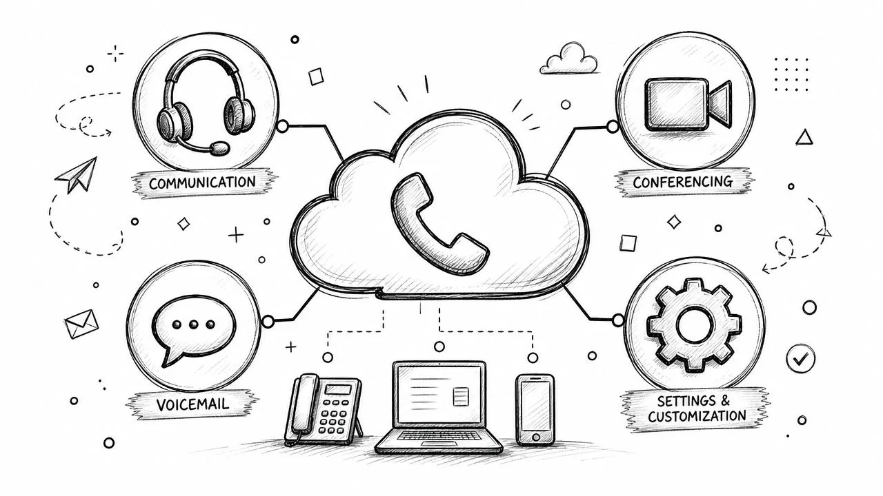 Illustration dessinée à la main montrant un système de téléphonie en nuage connectant divers appareils de communication professionnelle.