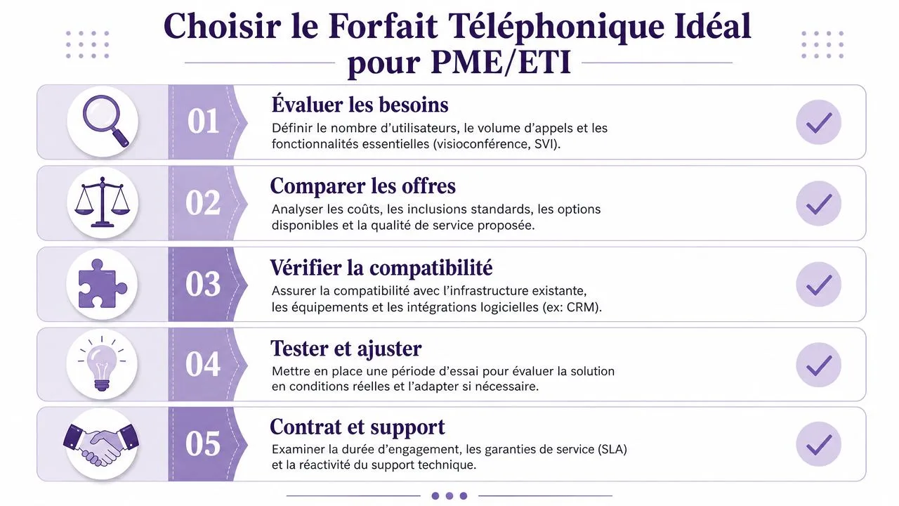 Infographie étape par étape pour guider les PME et ETI dans le choix d'un forfait téléphonique professionnel idéal.