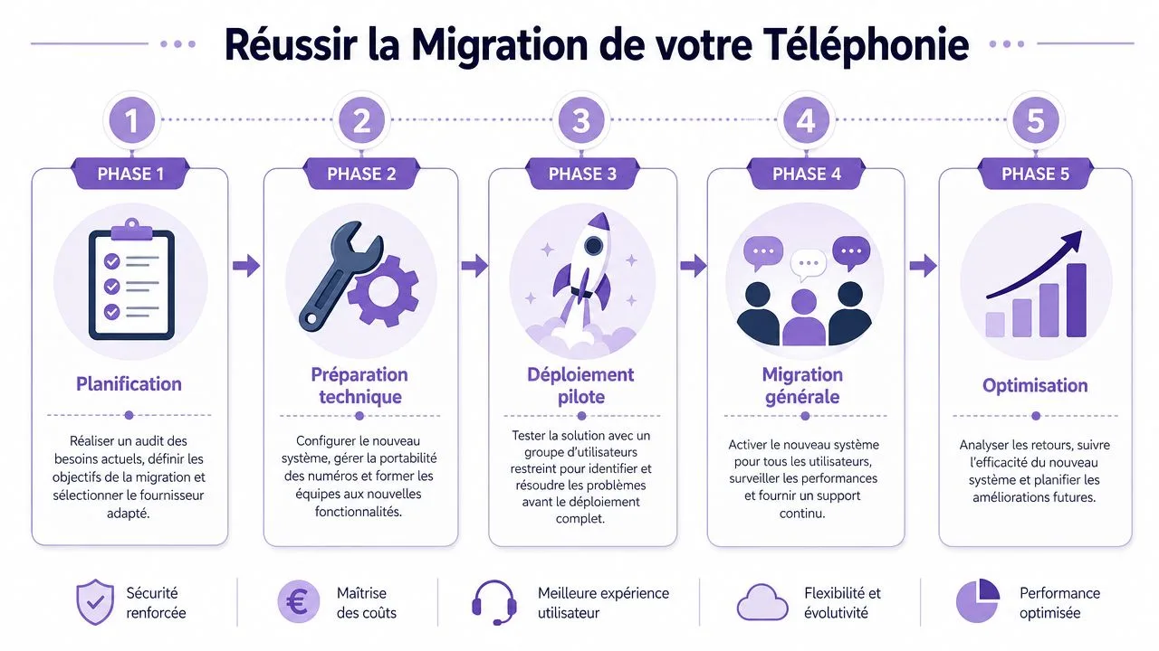 Infographie détaillant les cinq phases clés pour réussir la migration réussie de votre téléphonie d'entreprise.