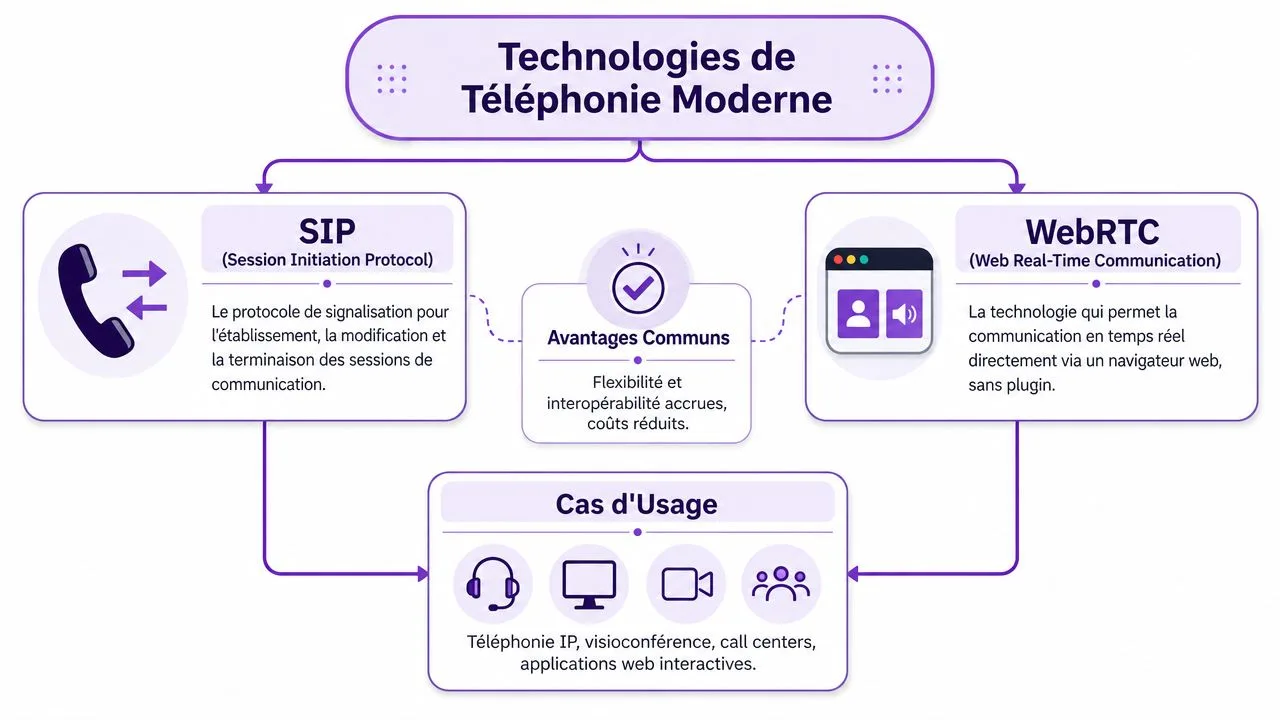 Schéma explicatif des technologies de téléphonie moderne comparant les protocoles SIP et WebRTC avec leurs avantages et usages.