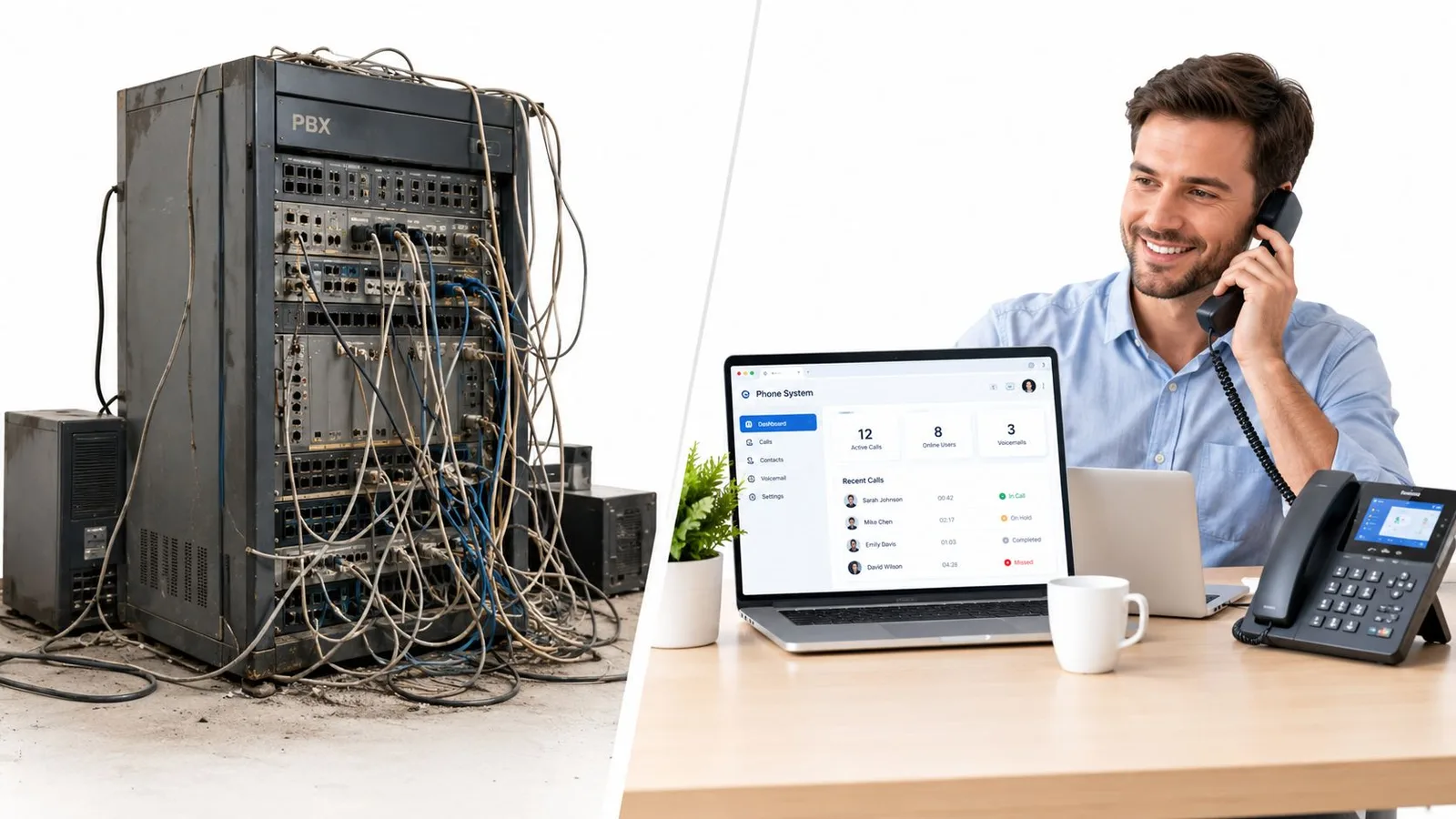 Comparaison entre un vieux système téléphonique PBX encombré et un bureau moderne avec logiciel de gestion d'appels.