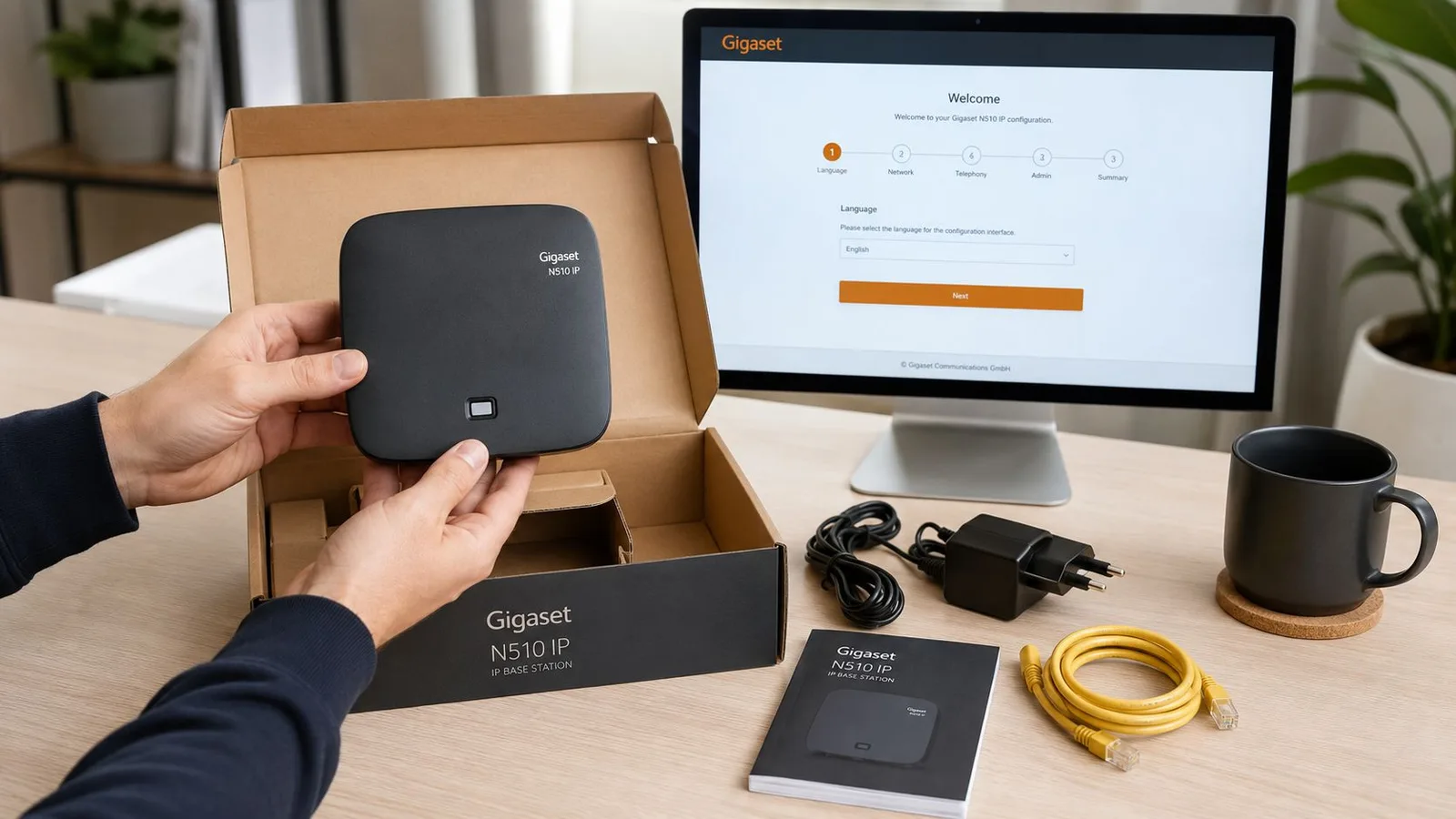 Une personne déballe une station de base IP Gigaset N510 sur un bureau près d'un écran d'ordinateur.