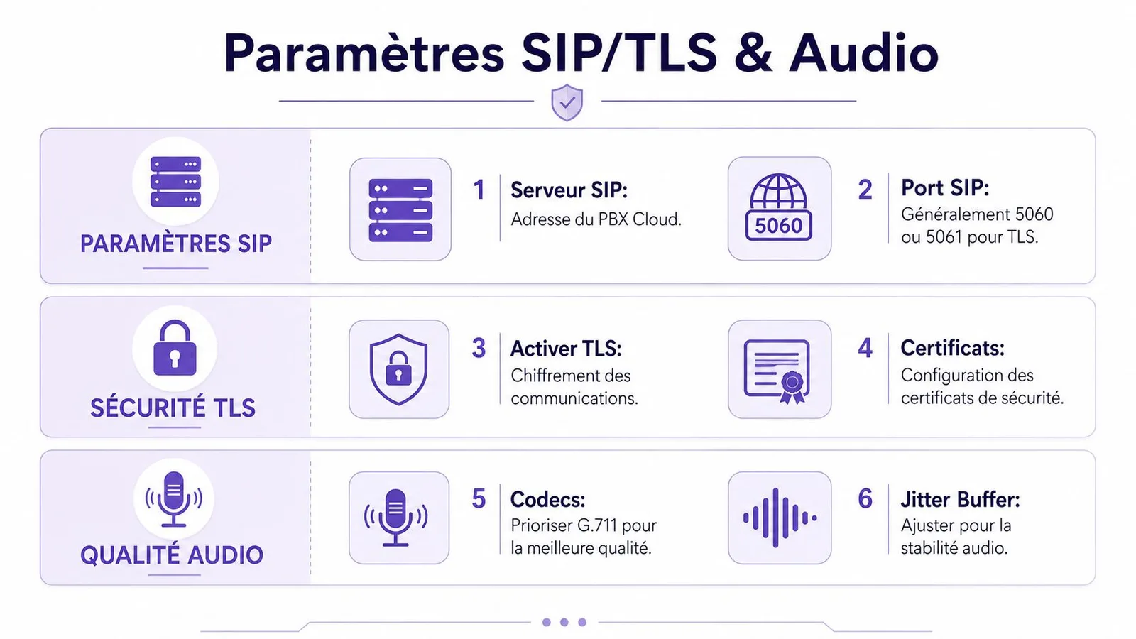 Infographie illustrant les paramètres essentiels de configuration SIP, de sécurité TLS et de qualité audio pour téléphonie.