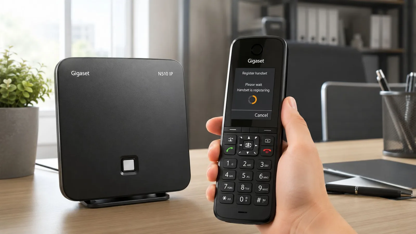 Une main tient un combiné téléphonique sans fil Gigaset N510 IP en cours de configuration sur un bureau.