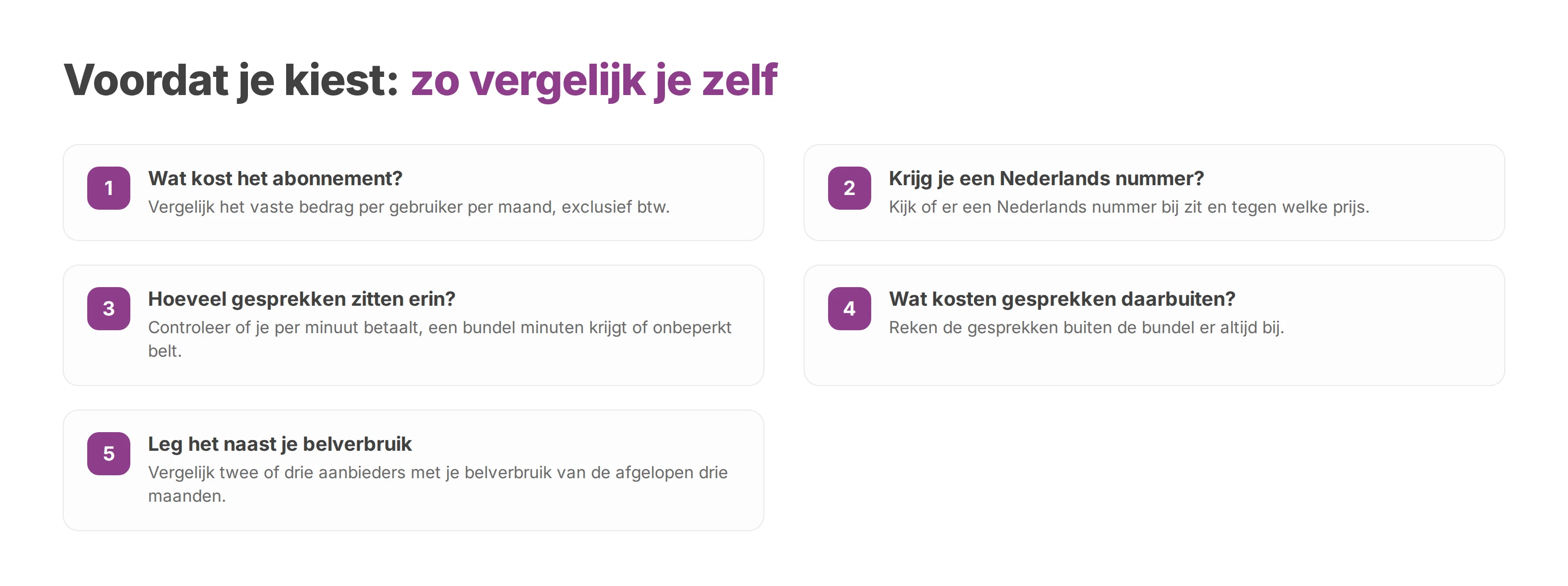 Genummerde lijst met vier vragen aan elke aanbieder en de vergelijking met je eigen belverbruik