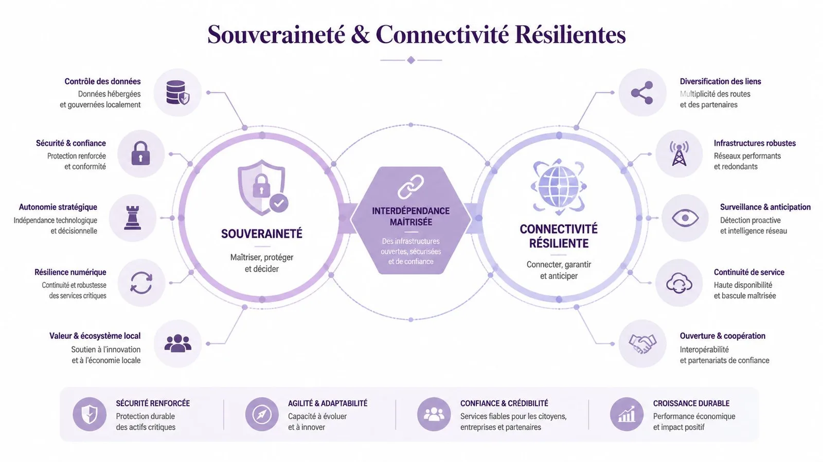 Schéma illustrant les piliers stratégiques de la souveraineté numérique et de la connectivité résiliente pour les entreprises.