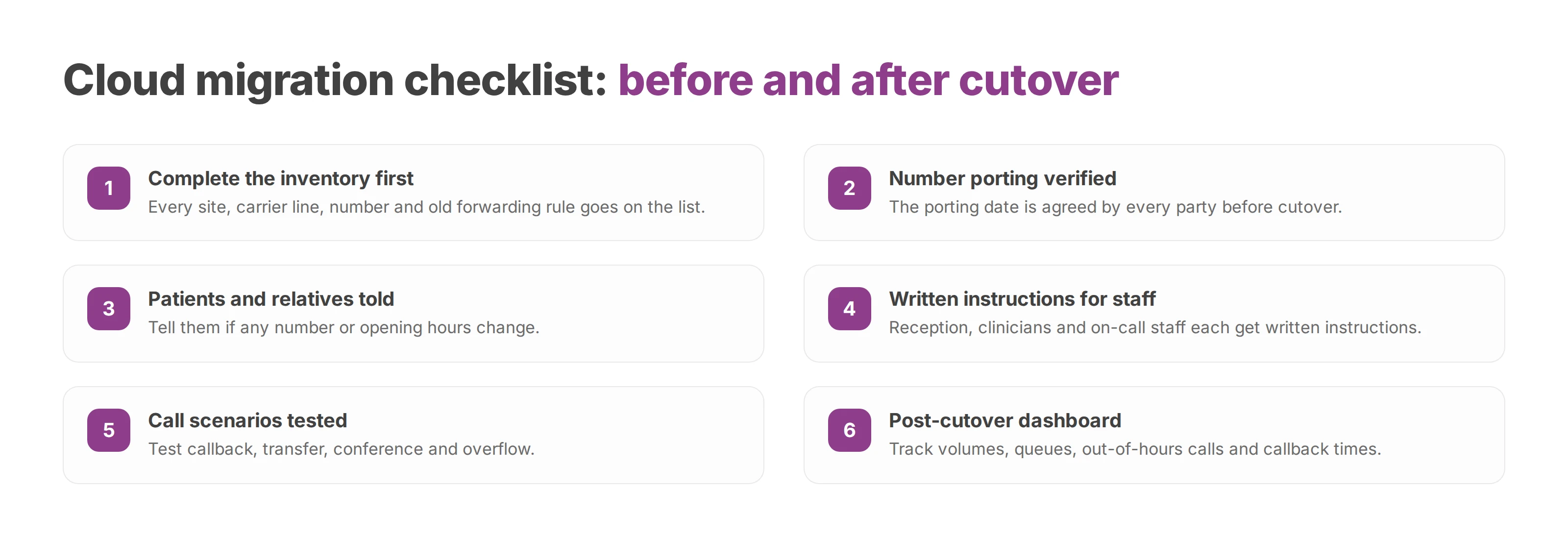 Six-step checklist for moving a healthcare phone system to the cloud, from inventory to the post-cutover dashboard
