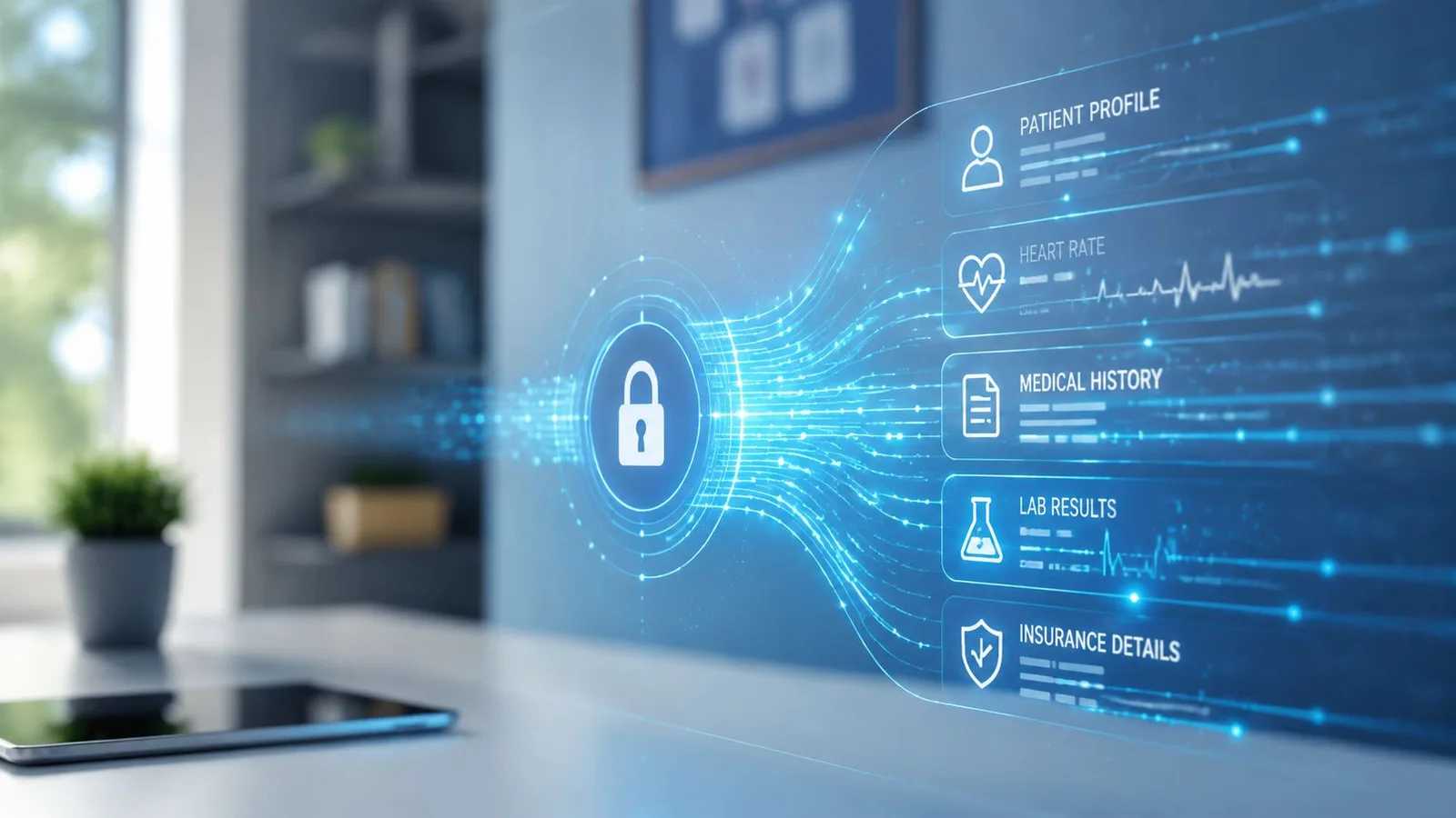 Interface holographique bleue affichant des données médicales sécurisées par un cadenas numérique dans un bureau moderne.