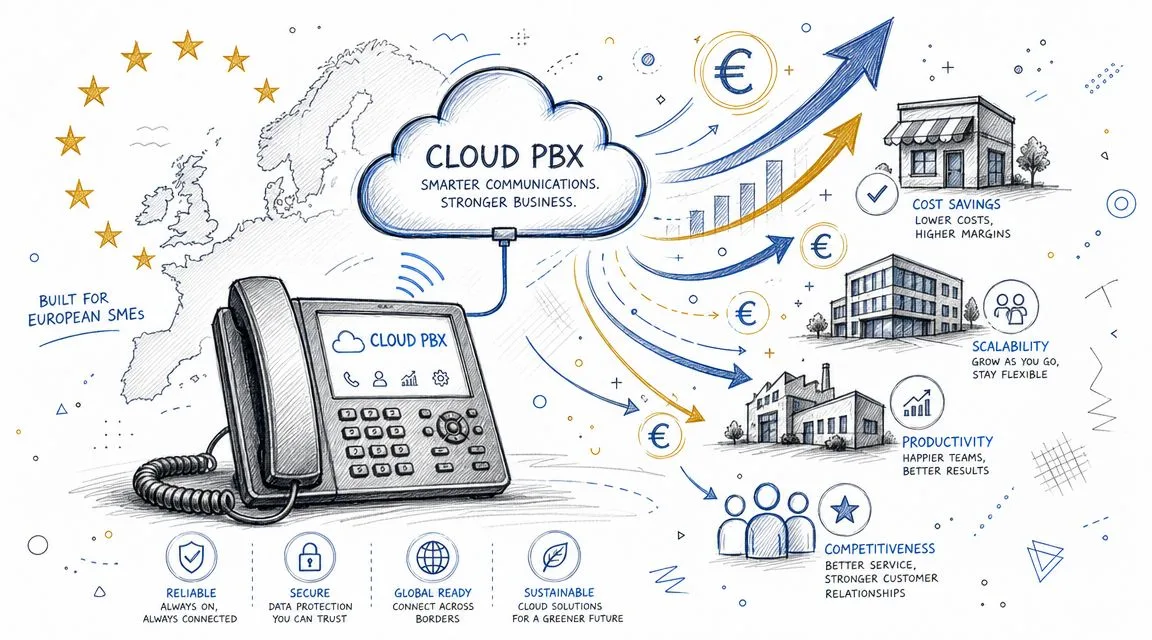 Illustration montrant un système de téléphonie Cloud PBX pour entreprises européennes, soulignant les avantages économiques et la connectivité.