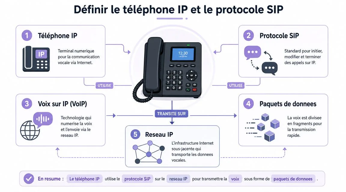 Schéma explicatif illustrant le fonctionnement du téléphone IP, du protocole SIP, de la VoIP et du réseau IP.