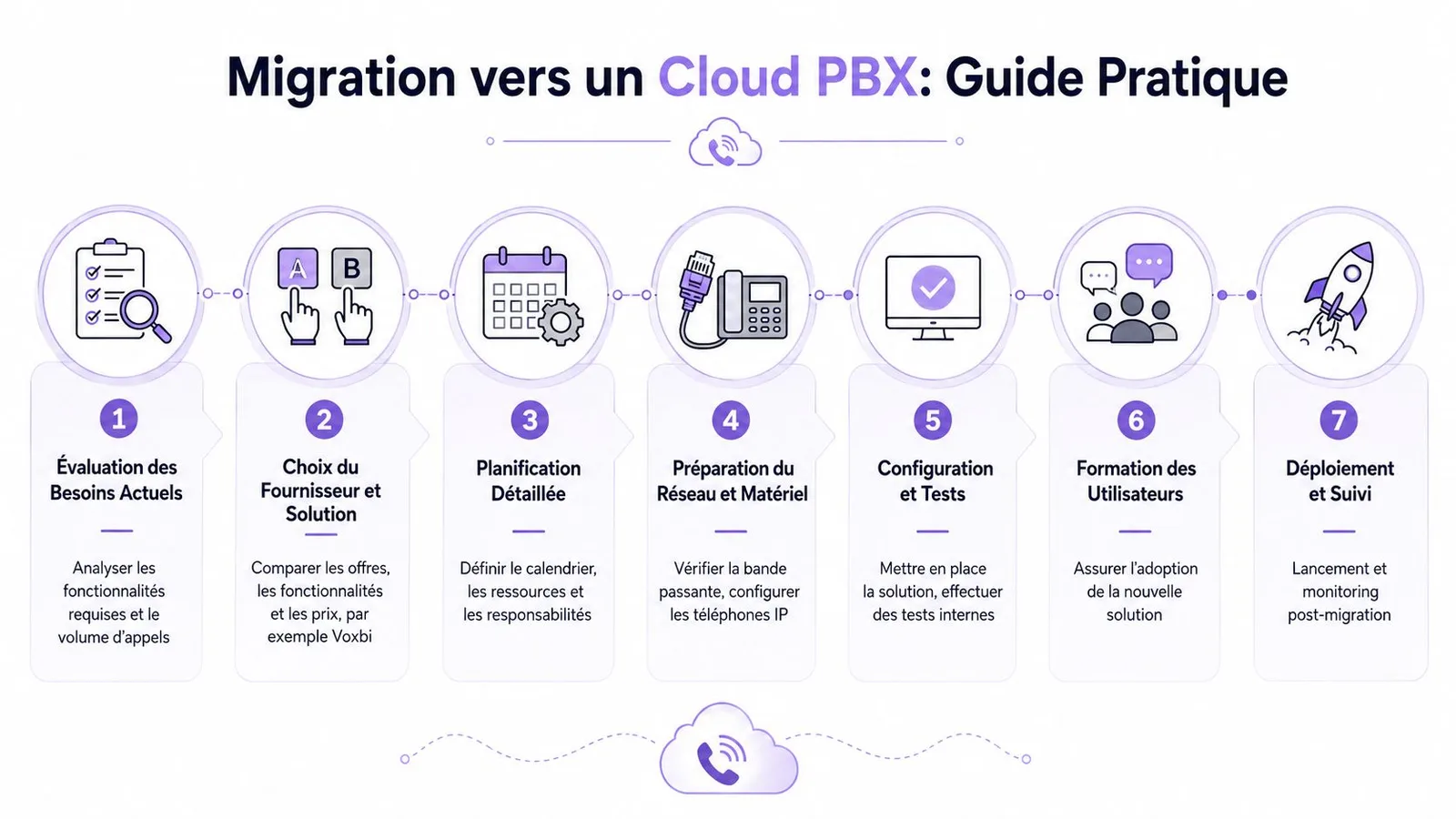Infographie illustrant les sept étapes clés pour réussir la migration vers une solution de Cloud PBX.