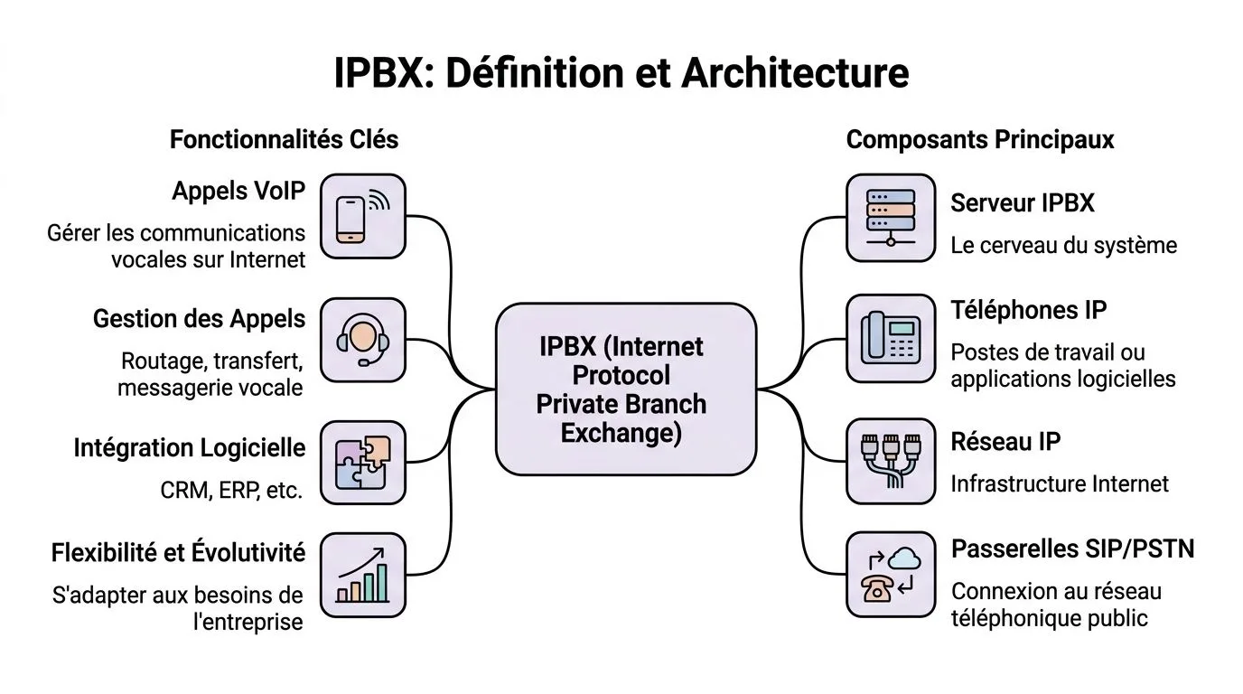 Schéma explicatif montrant la définition et l'architecture d'un système IPBX avec ses fonctionnalités clés et composants principaux.