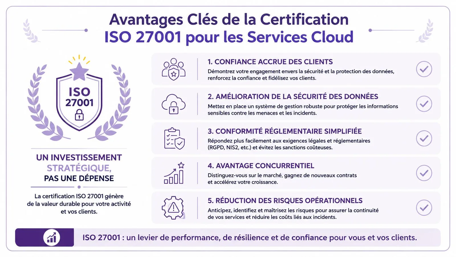 Infographie présentant les cinq avantages clés de la certification ISO 27001 pour les services cloud professionnels.